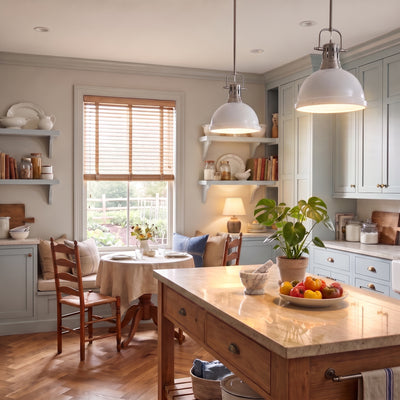Duncan 1-light Pendant in Pewter, AI-visualized kitchen scene - Golden Lighting
