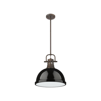 Yep by Golden Lighting Duncan 1-light 14in Rod Hung Pendant in Rubbed Bronze and Black shade - - Golden Lighting