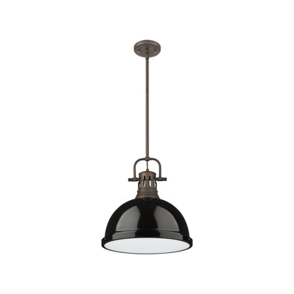 Yep by Golden Lighting Duncan 1-light 14in Rod Hung Pendant in Rubbed Bronze and Black shade - - Golden Lighting