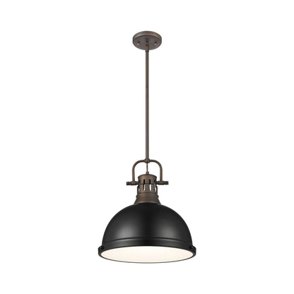 Yep by Golden Lighting Duncan 1-light 14in Rod Hung Pendant in Rubbed Bronze and Matte Black shade
