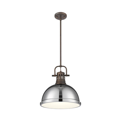 Yep by Golden Lighting Duncan 1-light 14in Rod Hung Pendant in Rubbed Bronze and Chrome shade