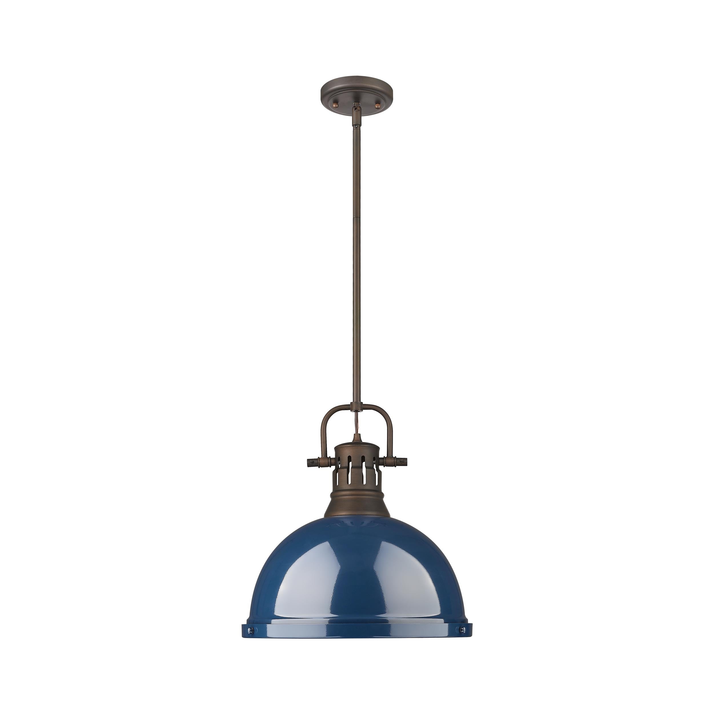 Duncan 1-Light Pendant with Rod in Rubbed Bronze with Matte Navy - - Golden Lighting