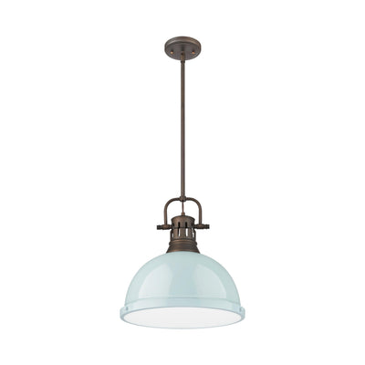 Yep by Golden Lighting Duncan 1-light 14in Rod Hung Pendant in Rubbed Bronze and Seafoam shade - - Golden Lighting