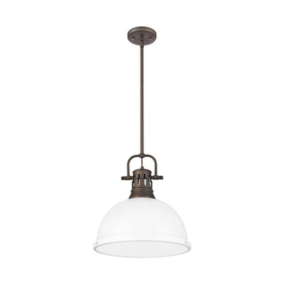 Yep by Golden Lighting Duncan 1-light 14in Rod Hung Pendant in Rubbed Bronze and Matte White shade - - Golden Lighting