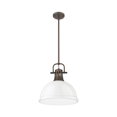 Yep by Golden Lighting Duncan 1-light 14in Rod Hung Pendant in Rubbed Bronze and White shade - - Golden Lighting