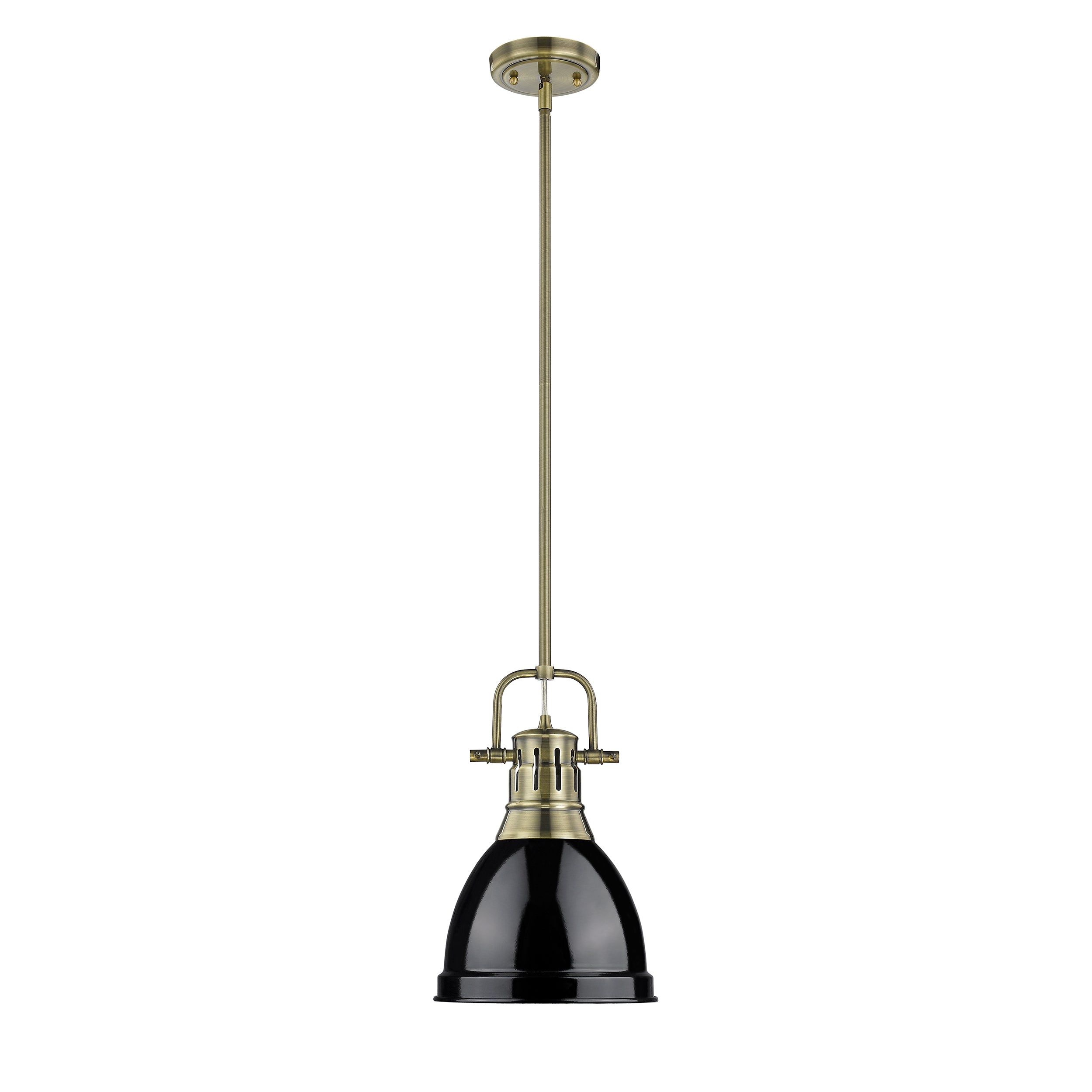 Yep by Golden Lighting Duncan 1-light 9in Rod Hung Pendant in Aged Brass and Black shade - - Golden Lighting