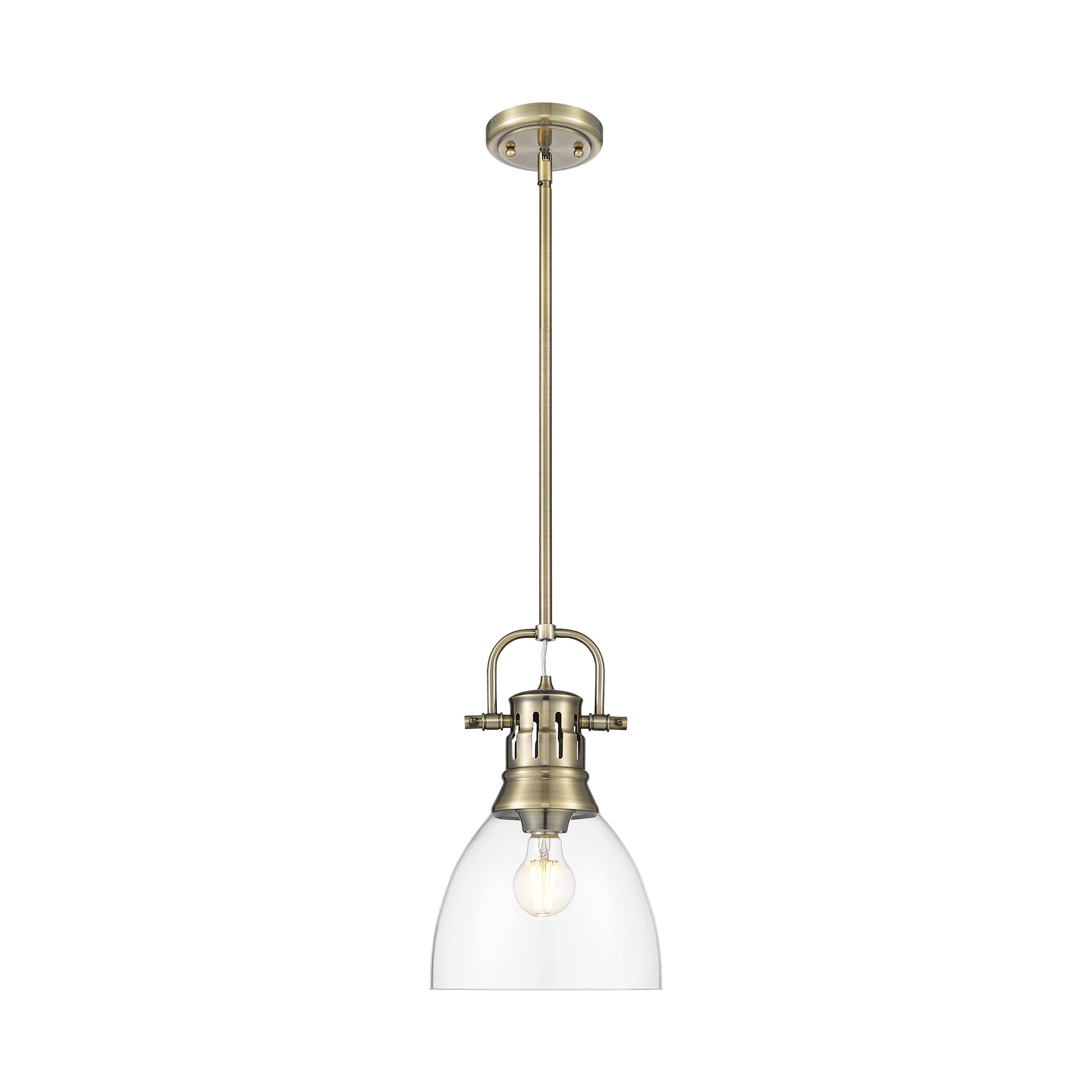 Yep by Golden Lighting Duncan 1-light 9in rod hung Pendant in Aged Brass and Clear Glass - - Golden Lighting