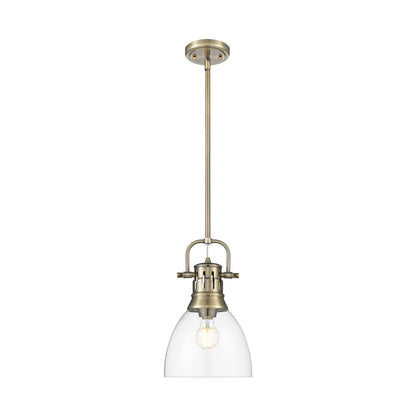 Yep by Golden Lighting Duncan 1-light 9in rod hung Pendant in Aged Brass and Clear Glass - - Golden Lighting