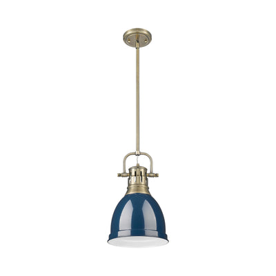 Yep by Golden Lighting Duncan 1-light 9in Rod Hung Pendant in Aged Brass and Navy Blue shade - - Golden Lighting