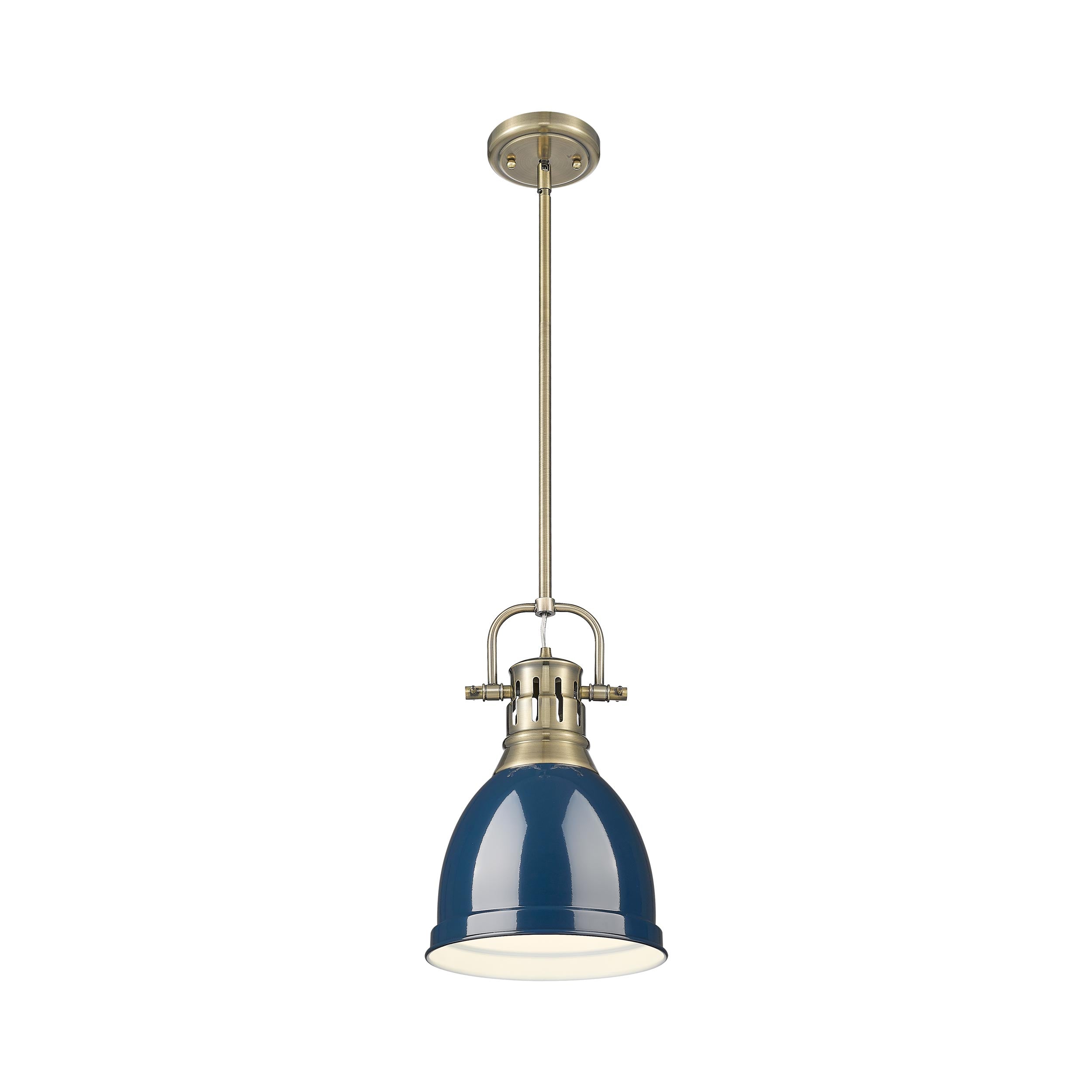 Yep by Golden Lighting Duncan 1-light 9in Rod Hung Pendant in Aged Brass and Navy Blue shade - - Golden Lighting