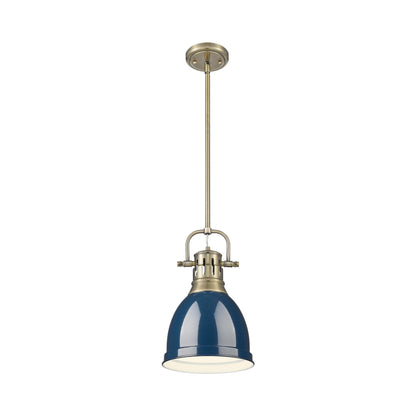 Yep by Golden Lighting Duncan 1-light 9in Rod Hung Pendant in Aged Brass and Navy Blue shade - - Golden Lighting