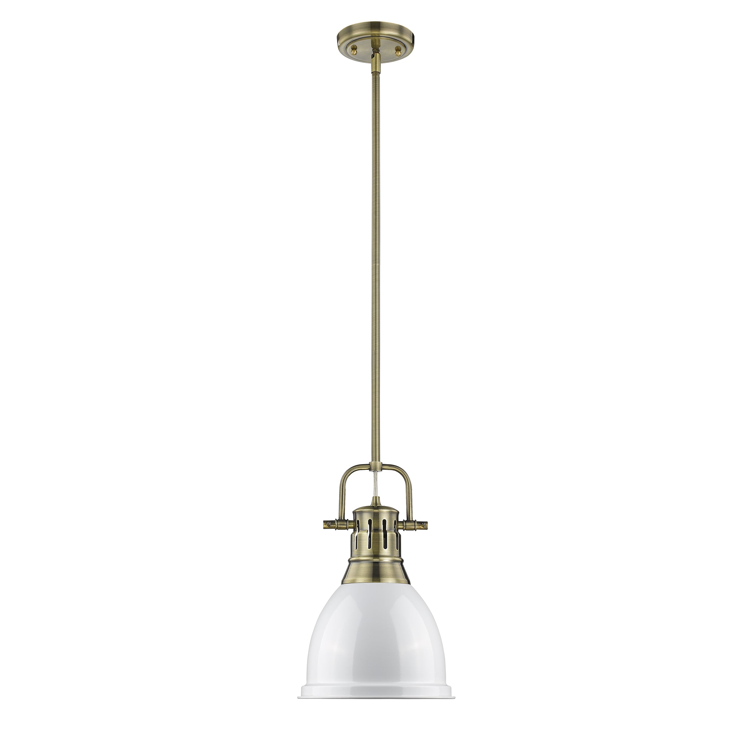Yep by Golden Lighting Duncan 1-light 9in Rod Hung Pendant in Aged Brass and White shade - - Golden Lighting