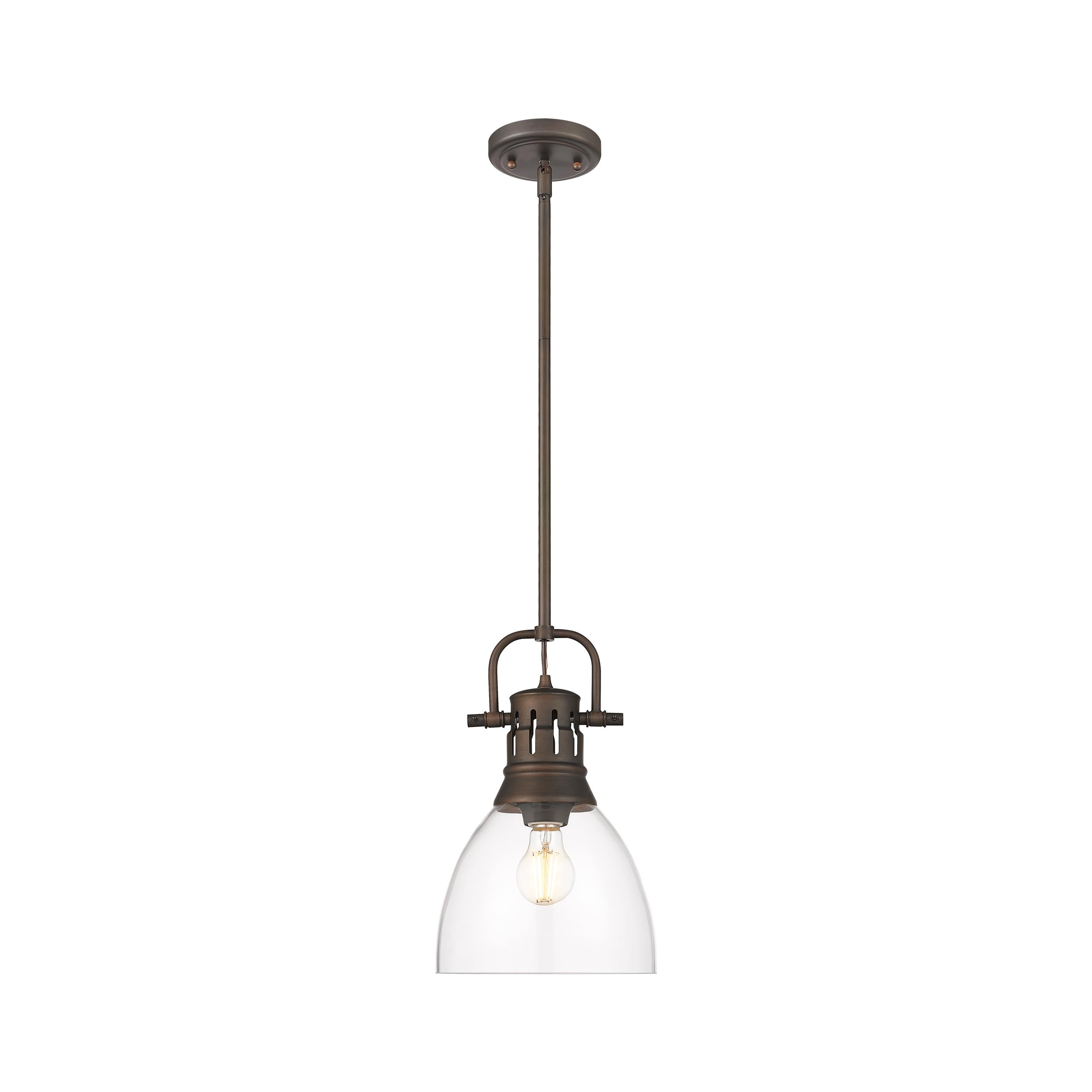 Yep by Golden Lighting Duncan 1-light 9in rod hung Pendant in Rubbed Bronze and Clear Glass - - Golden Lighting