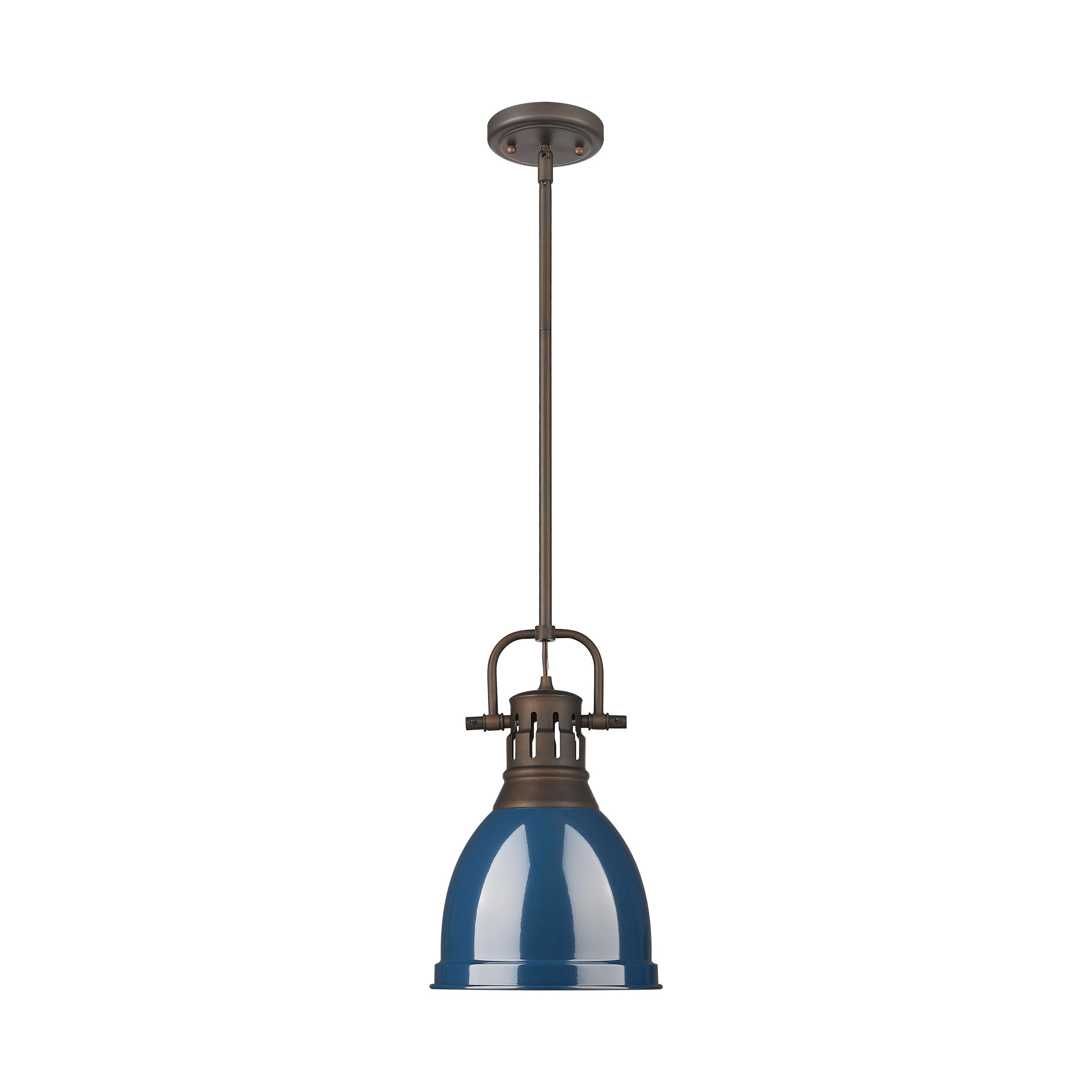 Yep by Golden Lighting Duncan 1-light 9in Rod Hung Pendant in Rubbed Bronze and Navy Blue shade - - Golden Lighting