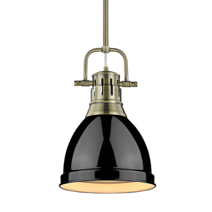 Yep by Golden Lighting Duncan 1-light 9in Rod Hung Pendant in Aged Brass and Black shade