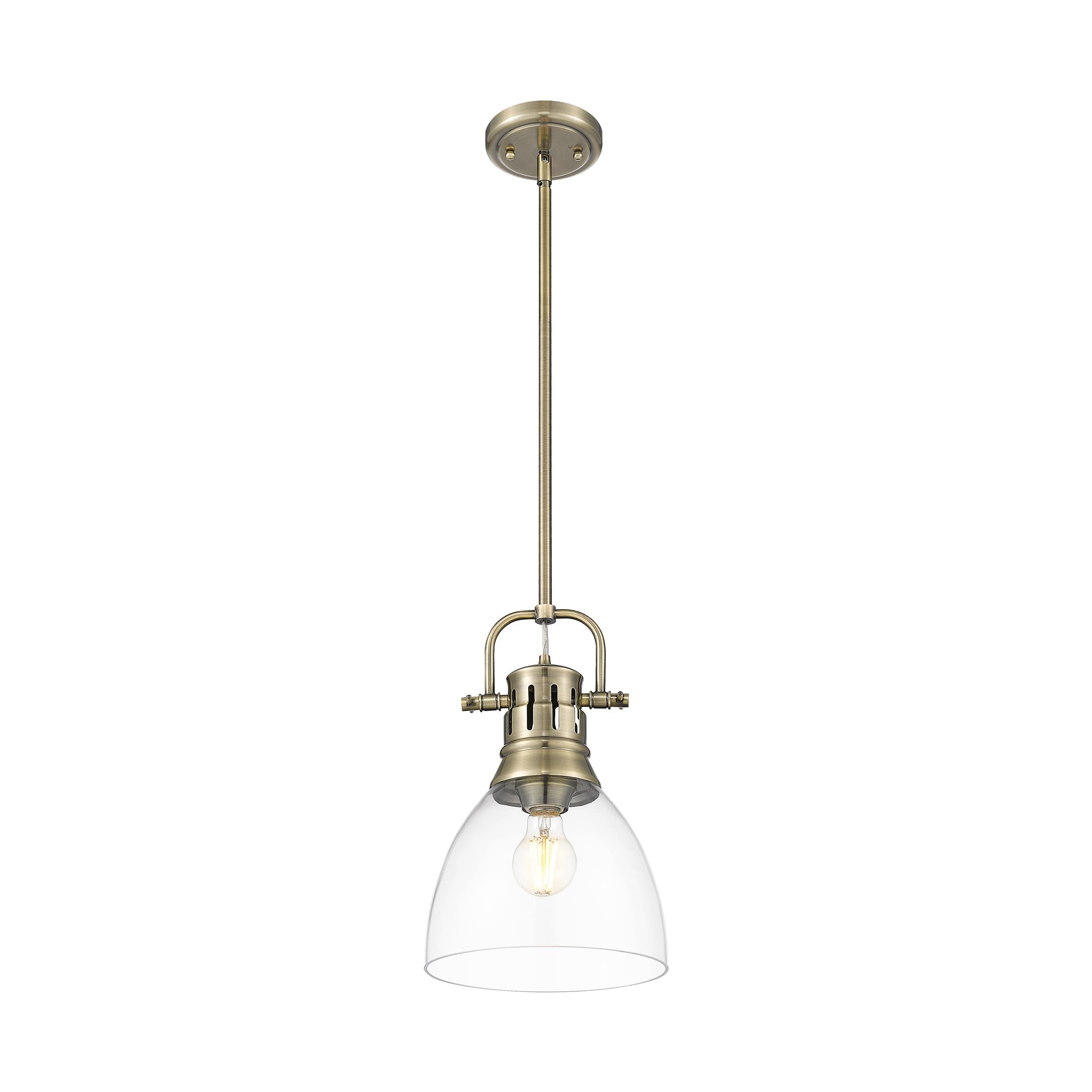 Yep by Golden Lighting Duncan 1-light 9in rod hung Pendant in Aged Brass and Clear Glass - - Golden Lighting