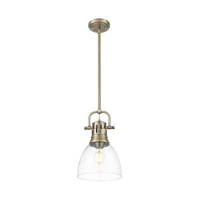 Yep by Golden Lighting Duncan 1-light 9in rod hung Pendant in Aged Brass and Clear Glass - - Golden Lighting