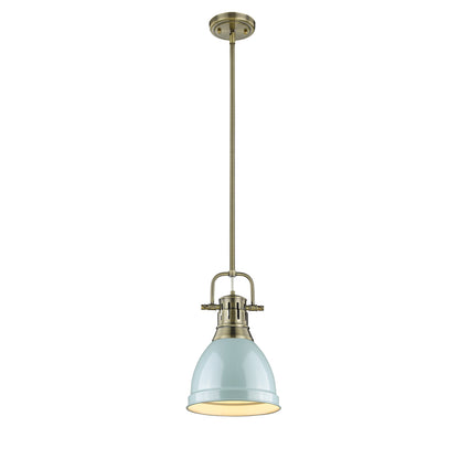 Duncan Small Pendant with Rod in Aged Brass with Seafoam - - Golden Lighting