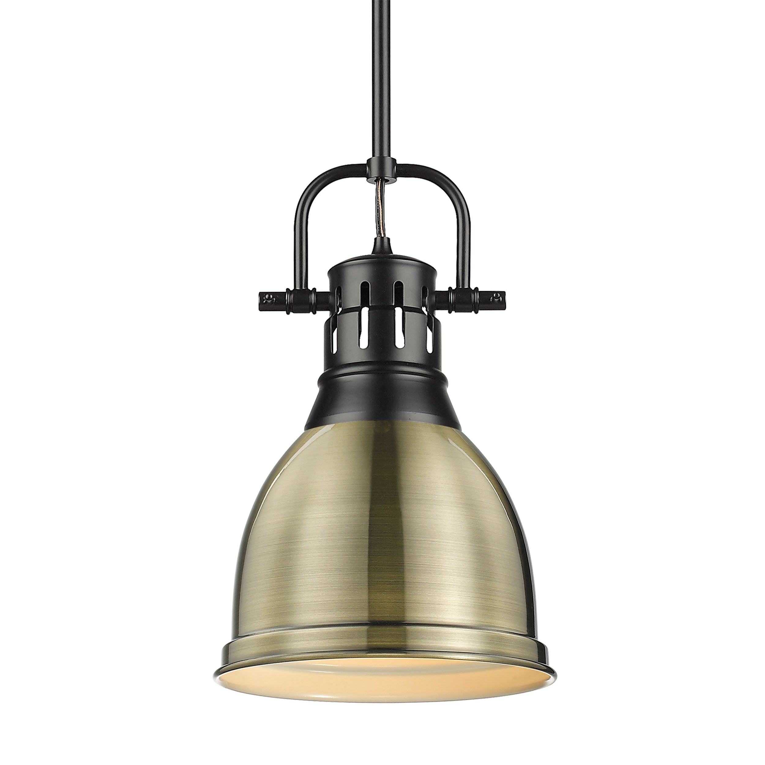 Yep by Golden Lighting Duncan 1-light 9in Rod Hung Pendant in Matte Black and Aged Brass shade