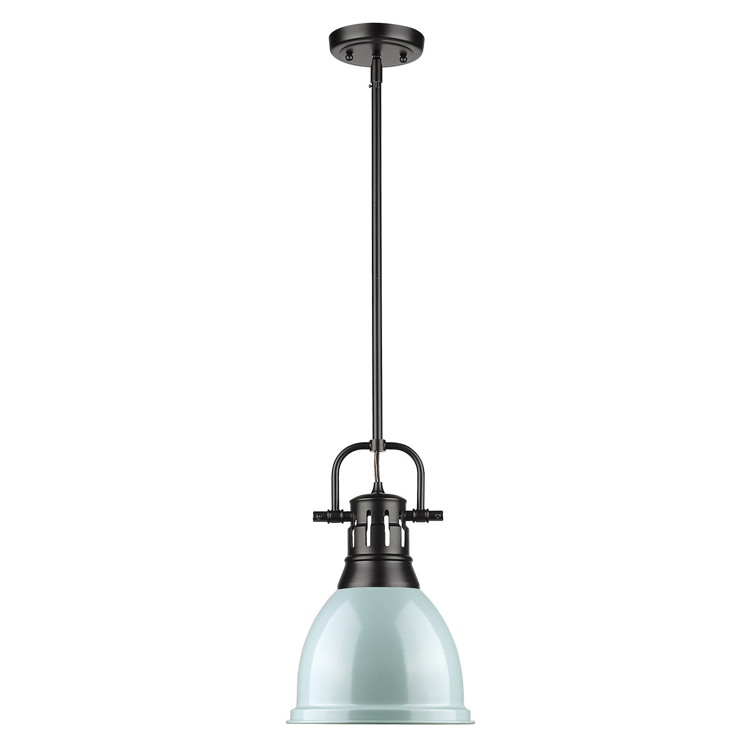 Duncan Small Pendant with Rod in Matte Black with a Seafoam Shade - Matte Black / Seafoam / Green - Golden Lighting