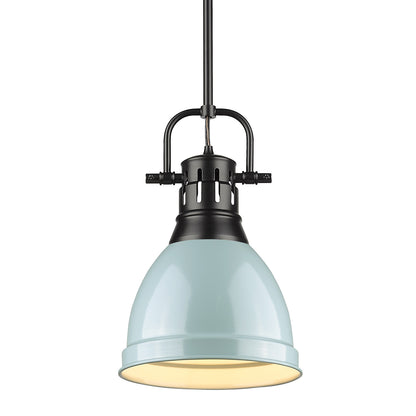 Duncan Small Pendant with Rod in Matte Black with a Seafoam Shade - - Golden Lighting