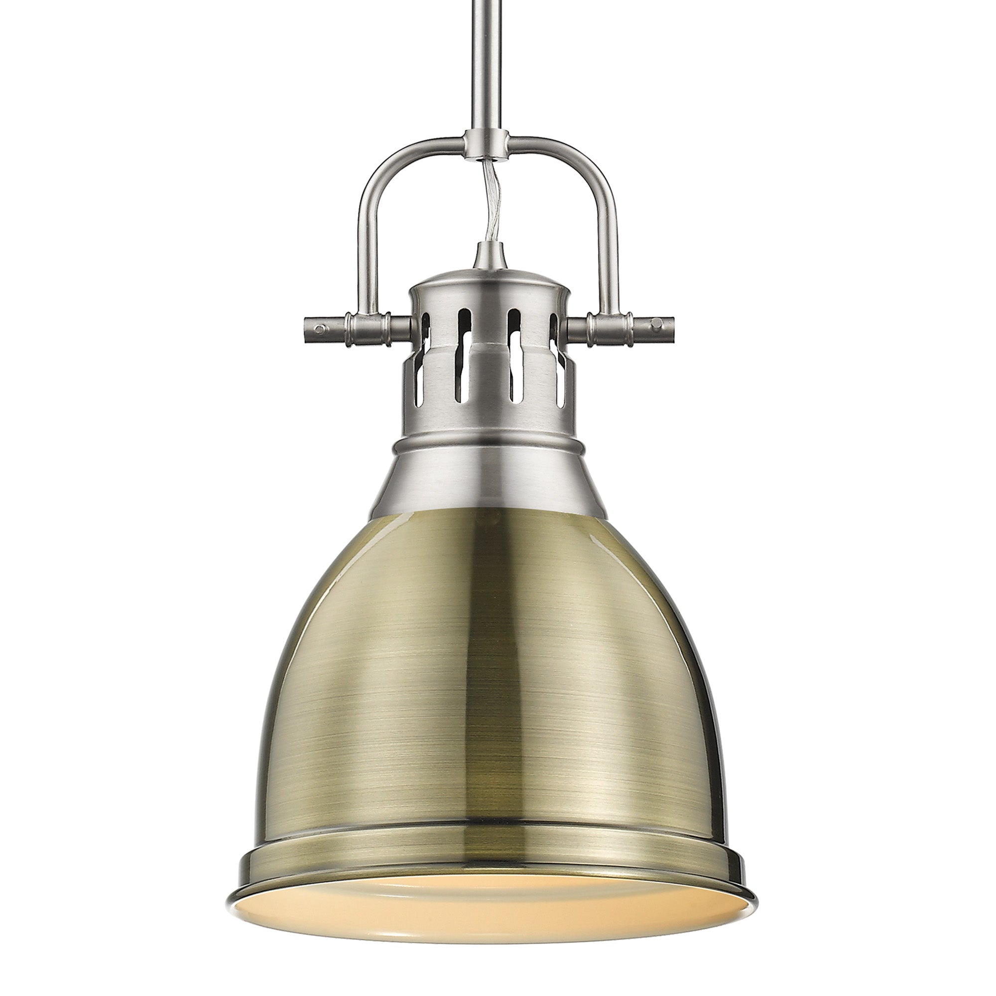 Yep by Golden Lighting Duncan 1-light 9in Rod Hung Pendant in Pewter and Aged Brass shade