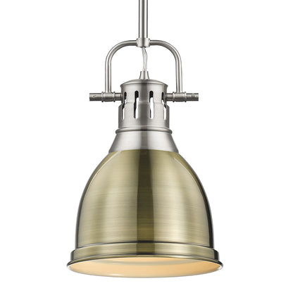 Yep by Golden Lighting Duncan 1-light 9in Rod Hung Pendant in Pewter and Aged Brass shade