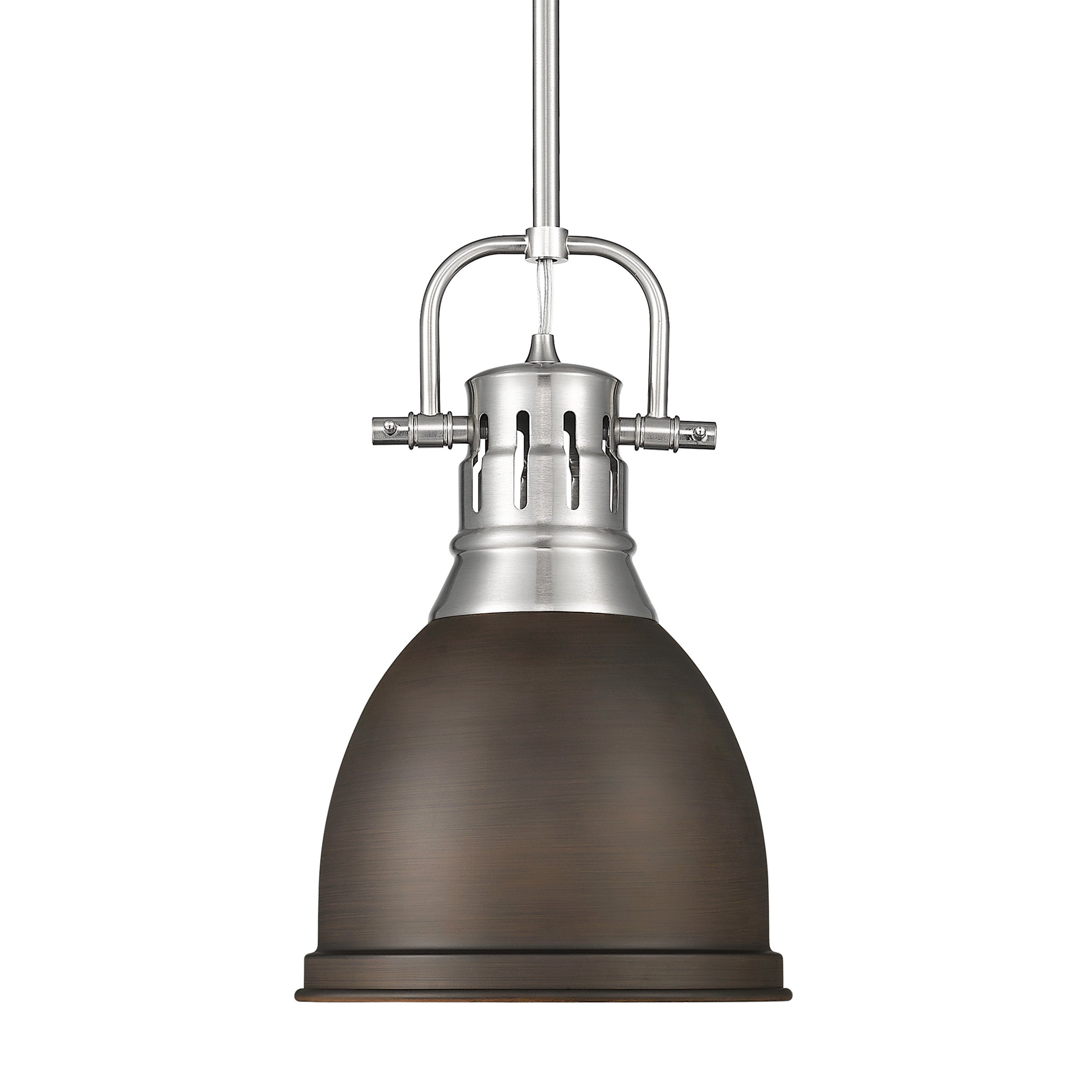 Yep by Golden Lighting Duncan 1-light 9in Rod Hung Pendant in Pewter and Rubbed Bronze shade