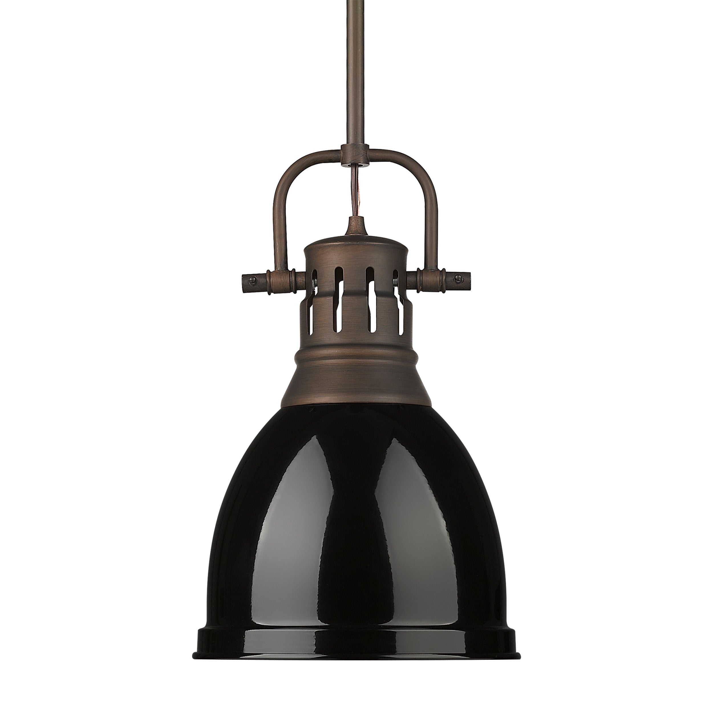 Yep by Golden Lighting Duncan 1-light 9in Rod Hung Pendant in Rubbed Bronze and Black shade