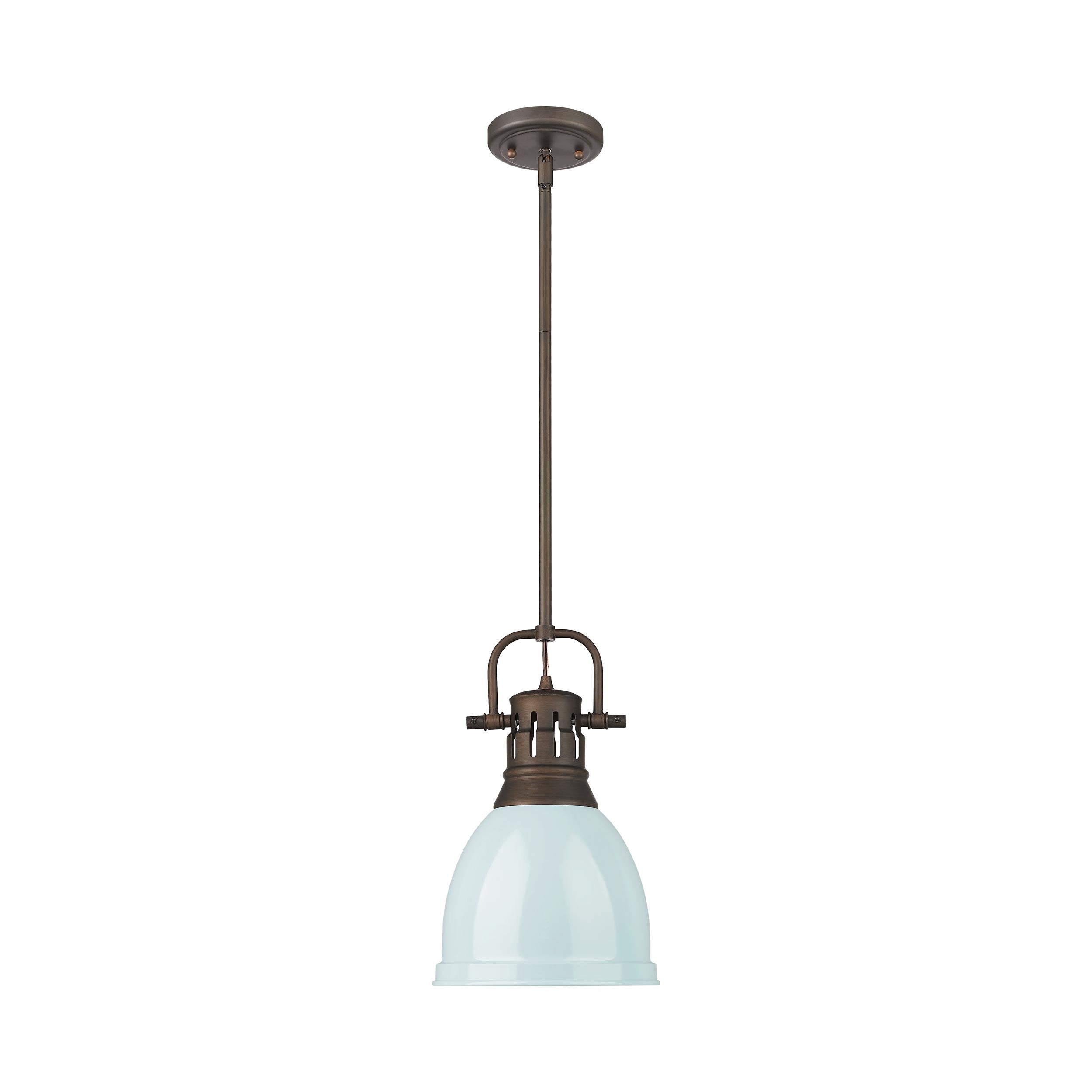 Duncan Small Pendant with Rod in Rubbed Bronze with Seafoam - - Golden Lighting