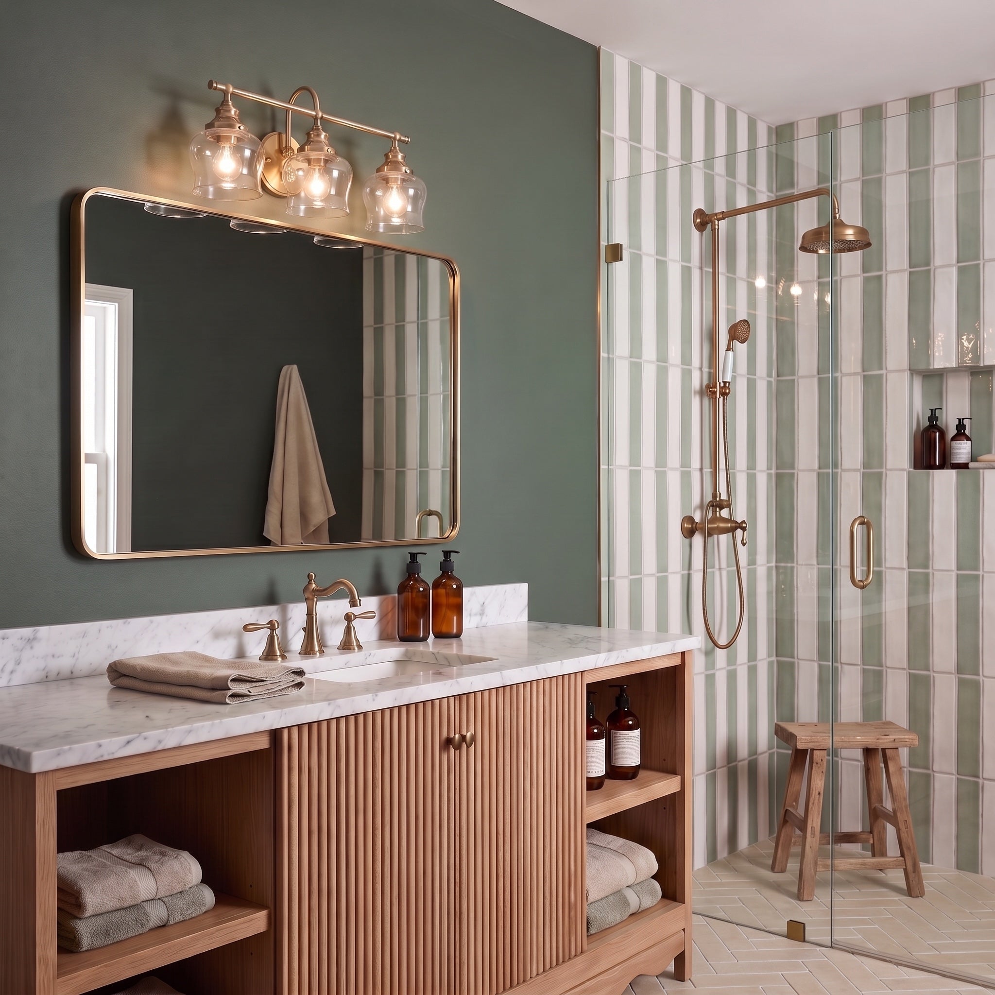 Daphne 3-light Vanity in Brushed Champagne Brass, AI-visualized bathroom scene - Golden Lighting