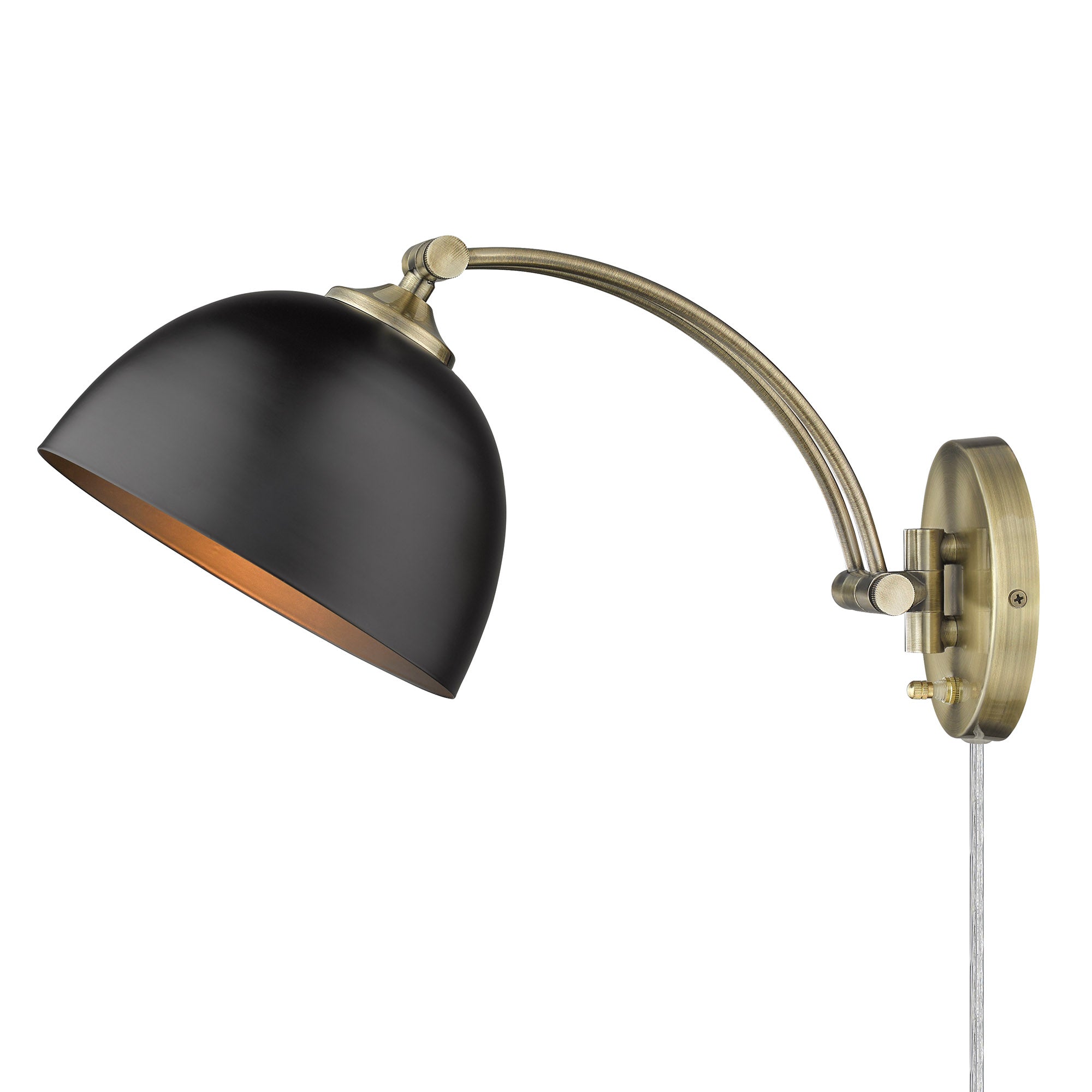 Rey 1-light Swing Arm Wall Lamp in Aged Brass and Matte Black shade