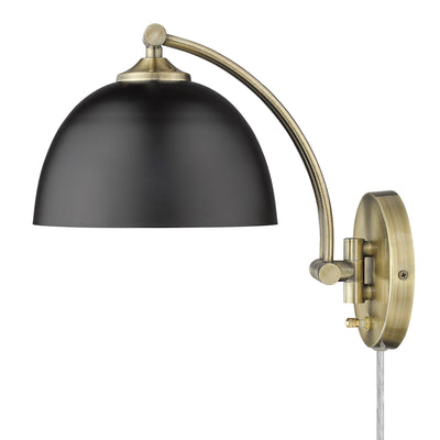 Rey 1-light Swing Arm Wall Lamp in Aged Brass and Matte Black shade, side view - Golden Lighting