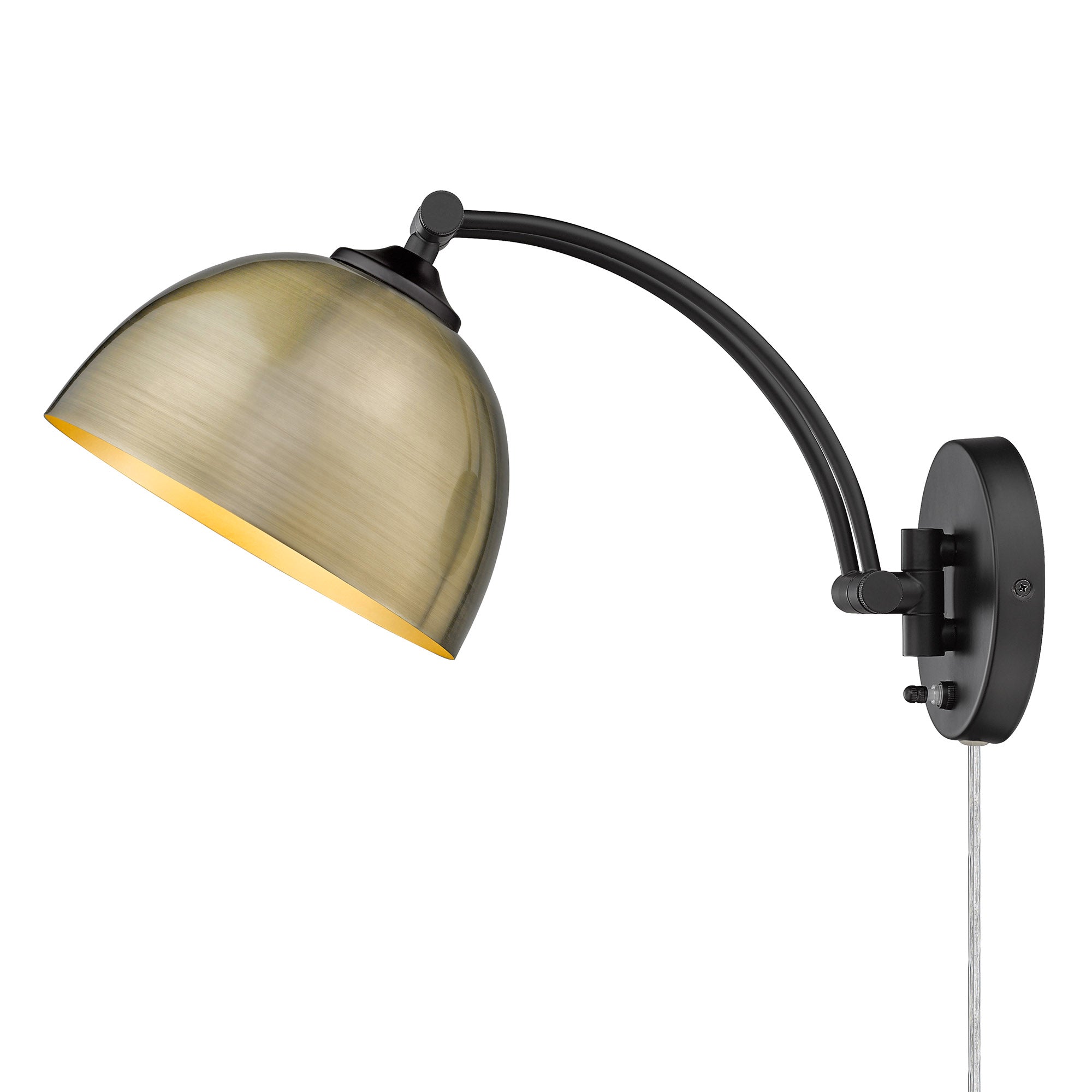 Rey 1-light Swing Arm Wall Lamp in Matte Black and Aged Brass shade