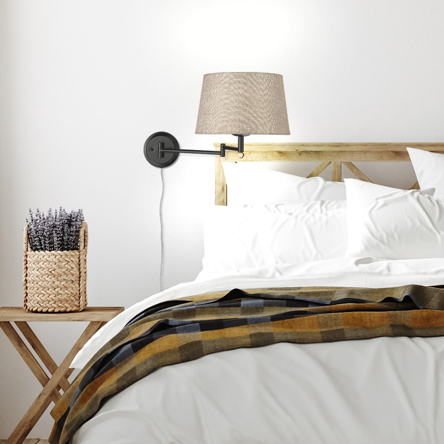 Eleanor 1-light Swing Arm Wall Lamp in Matte Black and Natural Sisal shade