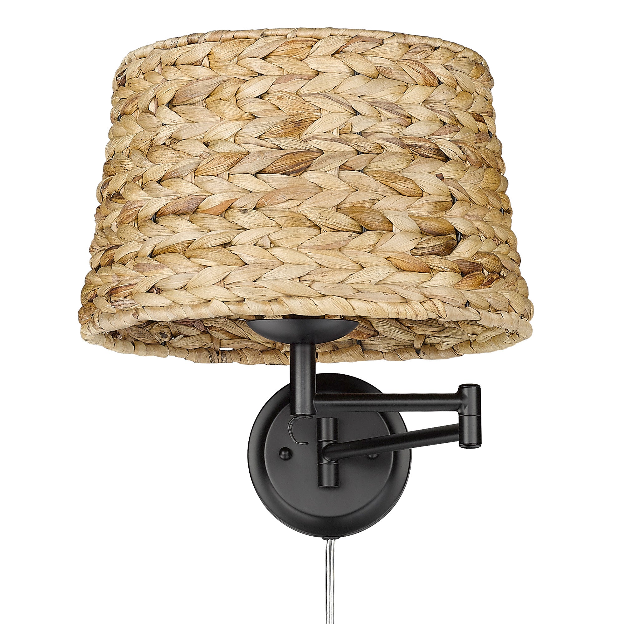 Eleanor 1-light Swing Arm Wall Lamp in Matte Black and Woven Sweet Grass shade