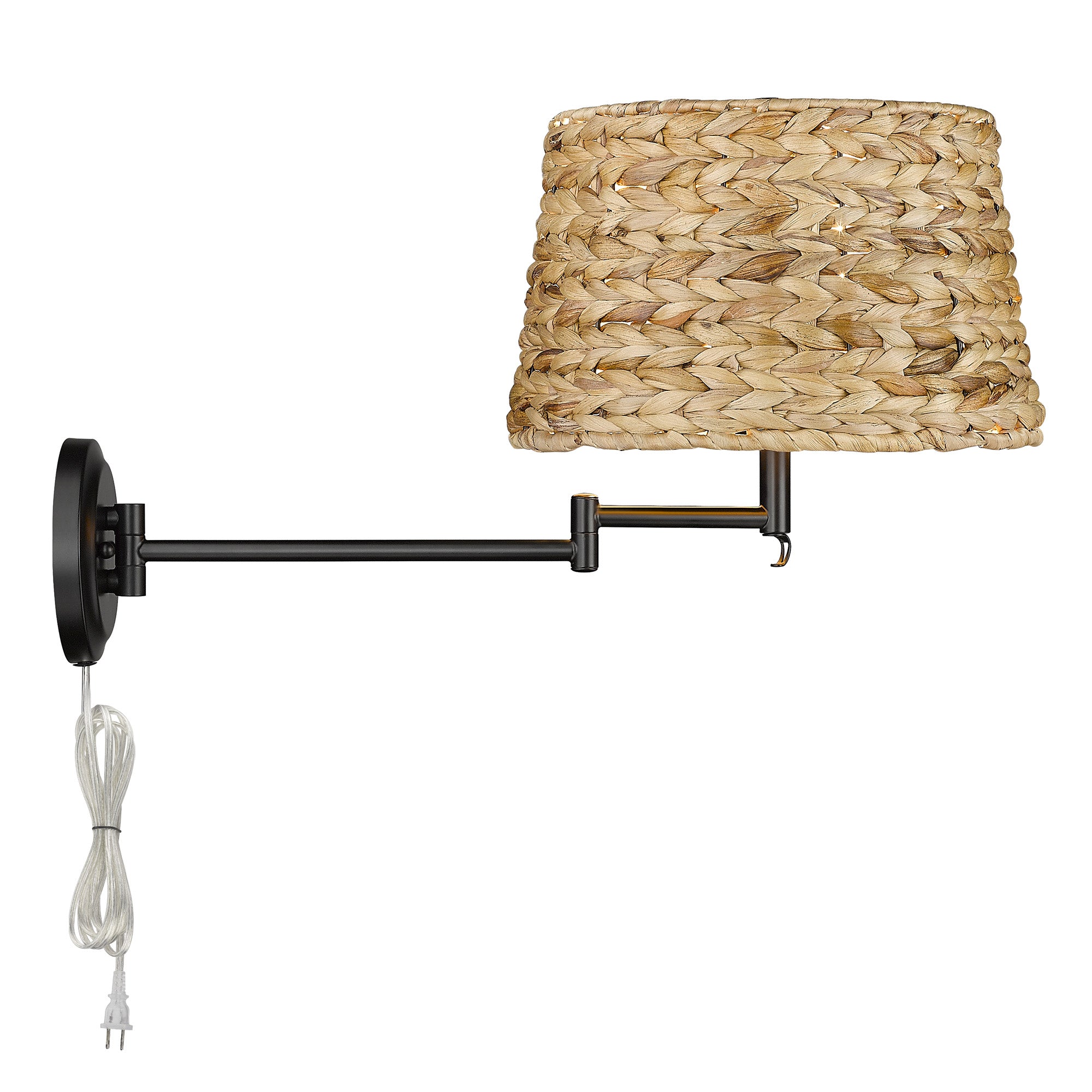 Eleanor 1-light Swing Arm Wall Lamp in Matte Black and Woven Sweet Grass shade