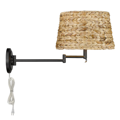 Eleanor 1-light Swing Arm Wall Lamp in Matte Black and Woven Sweet Grass shade