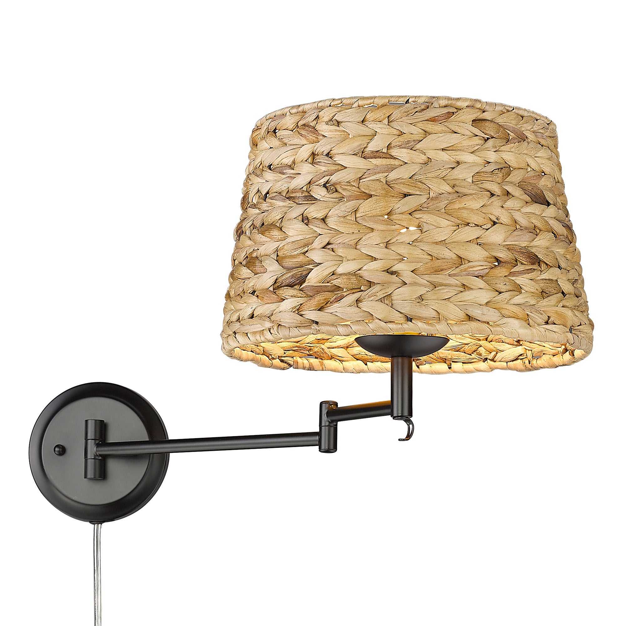 Eleanor 1-light Swing Arm Wall Lamp in Matte Black and Woven Sweet Grass shade