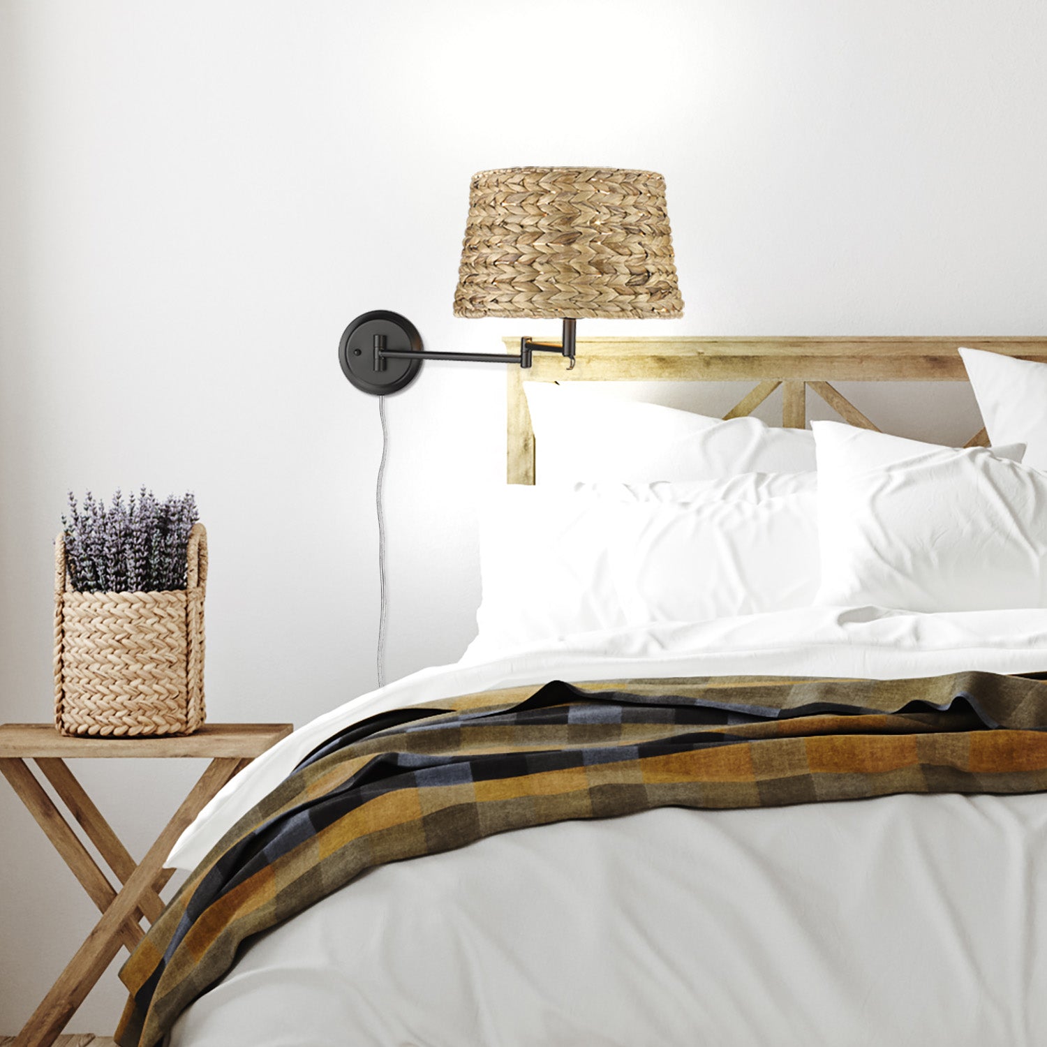 Eleanor 1-light Swing Arm Wall Lamp in Matte Black and Woven Sweet Grass shade