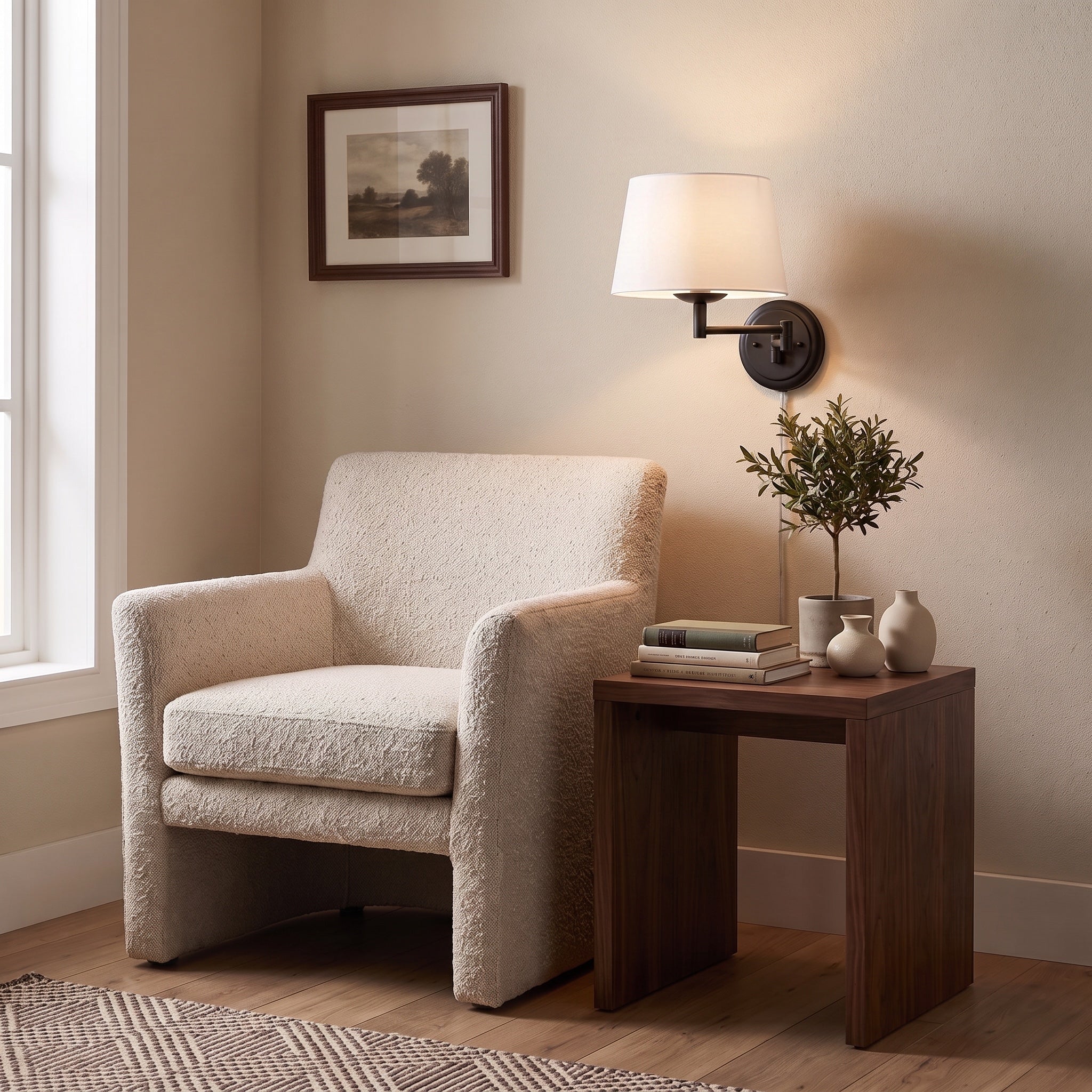 Eleanor 1-light Swing Arm Wall Lamp in Matte Black, AI-visualized reading nook scene - Golden Lighting