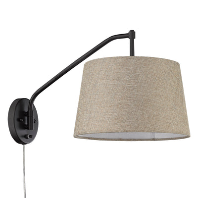 Ryleigh 1-light Swing Arm Wall Lamp in Matte Black and Natural Sisal shade, alternate view - Golden Lighting