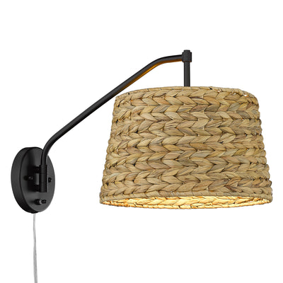 Ryleigh 1-light Swing Arm Wall Lamp in Matte Black and Woven Sweet Grass shade - Golden Lighting