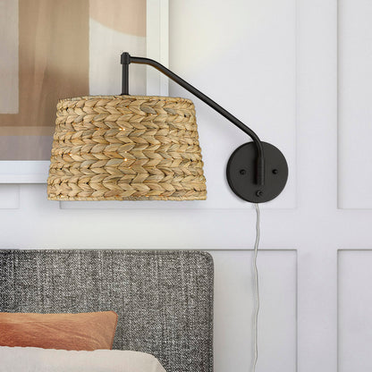 Ryleigh 1-light Swing Arm Wall Lamp in Matte Black and Woven Sweet Grass shade