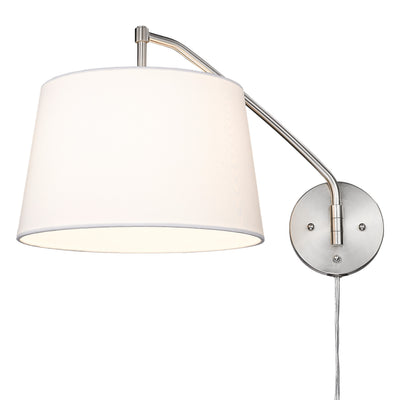 Ryleigh 1-light Swing Arm Wall Lamp in Pewter and Modern White shade, canopy and backplate view - Golden Lighting