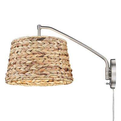 Ryleigh 1-light Swing Arm Wall Lamp in Pewter and Woven Sweet Grass shade, side view - Golden Lighting