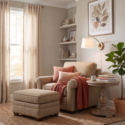 Ryleigh 1-light Swing Arm in Brushed Champagne Brass and Modern White shade, AI-visualized reading nook scene - Golden Lighting