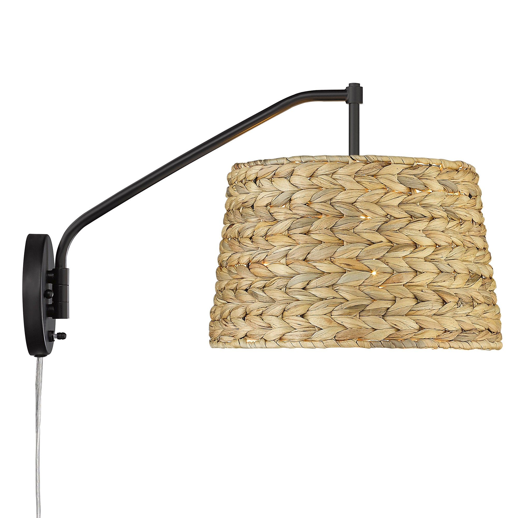 Ryleigh Articulating Wall Sconce in Matte Black with Woven Sweet Grass Shade - Matte Black / Woven Sweet Grass / Beige - Golden Lighting