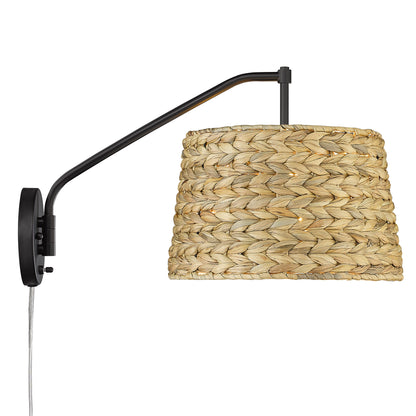 Ryleigh Articulating Wall Sconce in Matte Black with Woven Sweet Grass Shade - Matte Black / Woven Sweet Grass / Beige - Golden Lighting