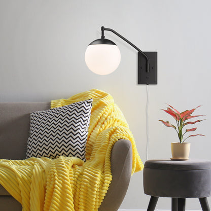 Glenn BLK 1 Light Articulating Wall Sconce in Matte Black with Opal Glass Shade - Default Title - Golden Lighting